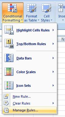 The menu for entering Manage Rules in Excel Conditional Formatting