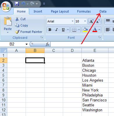 Choosing the Data tab on the ribbon