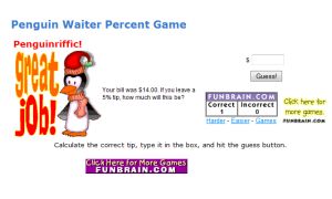 Math Percentage Game for Kids - Penguin Waiter's Tip